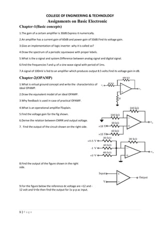 1 | P a g e
COLLEGE OF ENGINEERING & TECHNOLOGY
Assignments on Basic Electronic
Chapter-1(Basic concepts)
1.The gain of a certain amplifier is 30dB.Express it numerically.
2.An amplifier has a current gain of 60dB and power gain of 50dB.Find its voltage gain.
3.Give an implementation of logic inverter .why it is called so?
4.Draw the spectrum of a periodic squrewave with proper lebels.
5.What is the a signal and system.Difference between analog signal and digital signal.
6.Find the frequencies f and ῳ of a sine wave signal with period of 1ms.
7.A signal of 100mV is fed to an amplifier which produces output 8.5 volts.Find its voltage gain in dB.
Chapter-2(OPAMP)
1.What is virtual ground concept and write the characteristics of
ideal OPAMP.
2.Draw the equivalent model of an ideal OPAMP.
3.Why feedback is used in case of practical OPAMP.
4.What is an operational amplifier?Explain.
5.Find the voltage gain for the fig shown.
6.Derive the relation between CMRR and output voltage.
7. Find the output of the circuit shown on the right side.
8.Find the output of the figure shown in the right
side.
9.For the figure below the reference dc voltage are +12 and -
12 volt and V=0v then find the output for 1v p-p ac input.
 