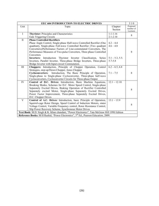 EEC 604 INTRODUCTION TO ELECTRIC DRIVES 3 1 0 
Unit Topic Chapter/ 
(26) 
Section 
Proposed 
number of 
Lectures 
I Thyristor: Principles and Characteristics 
Gate Triggering Circuits 
1.1-1.16 
2.1-2.10 8 
II Phase Controlled Rectifiers 
Phase Angle Control, Single-phase Half-wave Controlled Rectifier (One 
quadrant), Single-phase Full-wave Controlled Rectifier (Two quadrant 
Converters),Performance Factors of Line-commutated Converters, The 
Performance Measures of Two-pulse Converters, Three phase Controlled 
Converters 
Inverters: Introduction Thyristor Inverter Classification, Series 
Inverters, Parallel Inverter, Three-phase Bridge Inverters, Three-phase 
Bridge Inverter with Input-circuit Commutation. 
4.2 – 4.4 
4.6 – 4.8 
5.1 – 5.3, 5.5. 
5.7-5.8 
8 
III Choppers: Introduction, Principle of Chopper Operation, Control 
Strategies, step-up/Down Chopper, Jones Chopper 
Cycloconverters: Introduction, The Basic Principle of Operation, 
Single-phase to Single-phase Cycloconverter, Three-phase half-wave 
Cycloconverters, Cycloconverter Circuits for Three-phase Output 
6.2 – 6.5, 6.8 
7.1 – 7.5 8 
IV Control of D.C. Drives: Introduction, Basic Machine Equations, 
Breaking Modes, Schemes for D.C. Motor Speed Control, Single-phase 
Separately Excited Drives, Braking Operation of Rectifier Controlled 
Separately excited Motor, Single-phase Separately Excited Drives, 
Power Factor Improvement, Three-phase Separately Excited Drives, 
D.C. Chopper Drives 
12.1 – 12.10 
8 
V Control of A.C. Drives: Introduction, basic Principle of Operation, 
Squirrel-cage Rotor Design, Speed Control of Induction Motors, stator 
Voltage Control, Variable Frequency control, Rotor Resistance Control, 
Slip Power Recovery Scheme, Synchronous Motor Drives 
13.1 – 13.9 
8 
Text Book: M.D. Singh & K. Khan chandani, “Power Electronics”, Tata McGraw Hill 1998 Edition 
Reference Books: M H Rashid, “Power Electronics”, 3rd Ed., Pearson Education, 2009. 
 