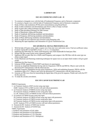 LABOROTARY 
EEC 651 COMMUNICATION LAB – II 
1. To construct a triangular wave with the help of Fundamental Frequency and its Harmonic component. 
2. To construct a Square wave with the help of Fundamental Frequency and its Harmonic component. 
3. Study of Pulse code modulation (PCM) and its demodulation using Bread Board. 
4. Study of delta modulation and demodulation and observe effect of slope overload. 
5. Study of pulse data coding techniques for NRZ formats. 
6. Study of Data decoding techniques for NRZ formats. 
7. Study of Manchester coding and Decoding. 
8. Study of Amplitude shift keying modulator and demodulator. 
9. Study of Frequency shift keying modulator and demodulator. 
10. Study of Phase shift keying modulator and demodulator 
11 Study of single bit error detection and correction using Hamming code. 
12 Measuring the input impedance and Attenuation of a given Transmission Line 
EEC-652 DIGITAL SIGNAL PROCESSING LAB 
1. With the help of Fourier series, make a square wave from sine wave and cosine waves. Find out coefficient values. 
2. Evaluate 4 point DFT of and IDFT of x(n) = 1, 0 ≤ n ≤ 3; 0 elsewhere. 
3. Implement the FIR Filters for 2 KHz cutoff frequency and 2 KHz bandwidth for band pass filter. 
4. Design FIR filter using Fourier series expansion method. 
5. Implement IIR low pass filter for a 4 KHz cutoff frequency and compare it the FIR filter with the same type use 
(31) 
chirp as input signal. 
6. Verify Blackman and Hamming windowing techniques for square wave as an input which window will give good 
results. 
7. Implement the filter functions. 
8. Generate DTMF sequence 1234567890*# and observe its spectrogram. 
9. Generate an Amplitude Modulation having side low frequencies 1200 Hz and 800 Hz. Observe and verify the 
theoretical FFT characteristics with the observed ones. 
10. Generate Frequency Modulation having carrier frequencies 1 KHz and modulating frequency 200 Hz with the 
modulation index of 0.7. Observe and verify the theoretical FFT characteristics with the observed ones. 
11. Generate an FSK wave form for transmitting the digital data of the given bit sequence. Predict and verify the FFT 
for the same one. 
12. To study the circular convolution. 
EEC-553 CAD OF ELECTRONICS LAB 
PSPICE Experiments 
1. (a) Transient Analysis of BJT inverter using step input. 
(b)DC Analysis (VTC) of BJT inverter with and without parameters. 
2. (a) Transient Analysis of NMOS inverter using step input. 
(b) Transient Analysis of NMOS inverter using pulse input. 
(c) DC Analysis (VTC) of NMOS inverter with and without parameters. 
3. (a) Analysis of CMOS inverter using step input. 
(b) Transient Analysis of CMOS inverter using step input with parameters. 
(c) Transient Analysis of CMOS inverter using pulse input. 
(d) Transient Analysis of CMOS inverter using pulse input with parameters. 
(e) DC Analysis (VTC) of CMOS inverter with and without parameters. 
4. Transient & DC Analysis of NOR Gate inverter. 
5. Transient & DC Analysis of NAND Gate. 
VHDL Experiments 
1. Synthesis and simulation of Full Adder. 
2. Synthesis and Simulation of Full Subtractor. 
3. Synthesis and Simulation of 3 X 8 Decoder. 
4. Synthesis and Simulation of 8 X 1 Multiplexer. 
 