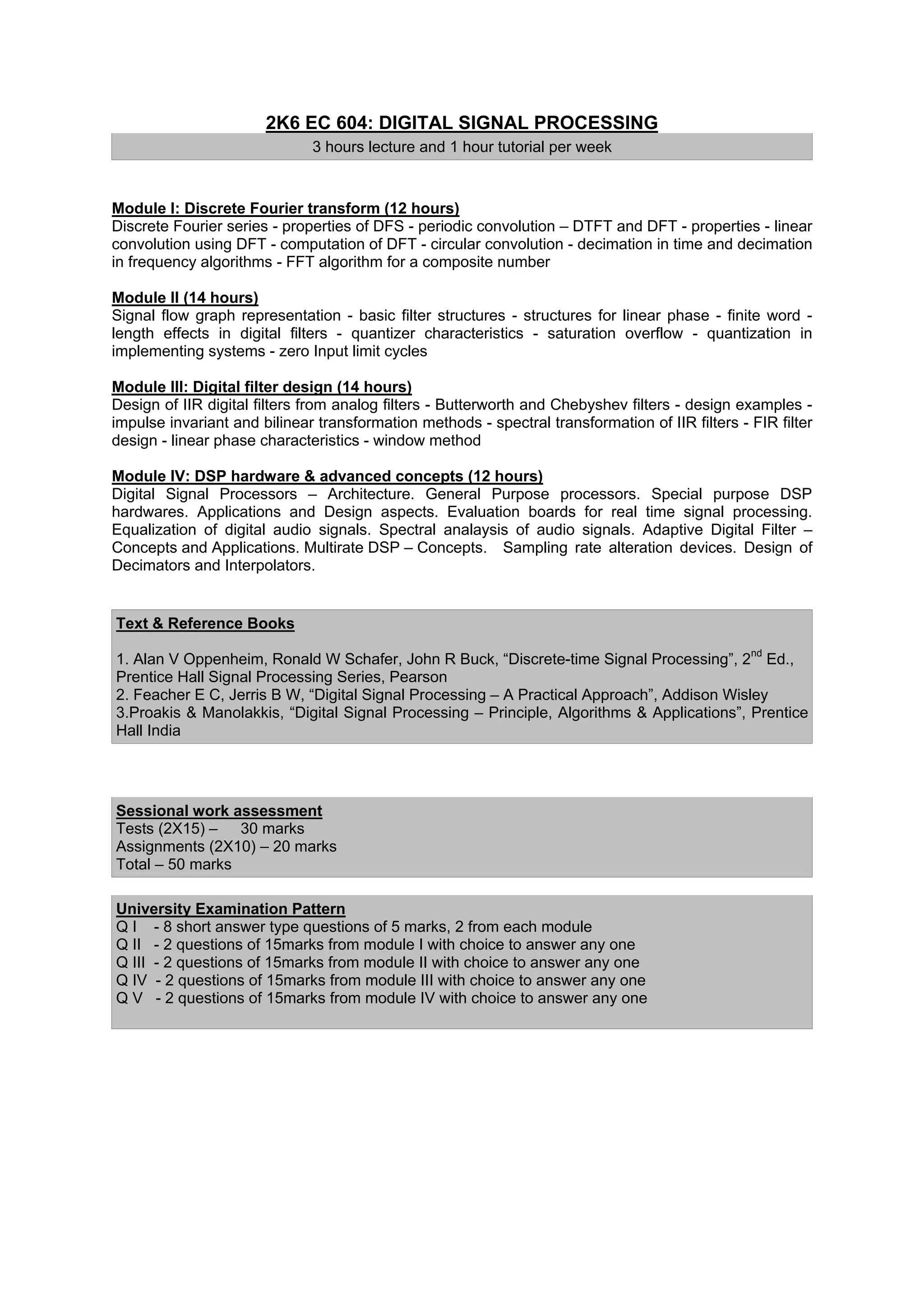 2K6 EC 604: DIGITAL SIGNAL PROCESSING
                              3 hours lecture and 1 hour tutorial per week


Module I: Discrete Fourier transform (12 hours)
Discrete Fourier series - properties of DFS - periodic convolution – DTFT and DFT - properties - linear
convolution using DFT - computation of DFT - circular convolution - decimation in time and decimation
in frequency algorithms - FFT algorithm for a composite number

Module II (14 hours)
Signal flow graph representation - basic filter structures - structures for linear phase - finite word -
length effects in digital filters - quantizer characteristics - saturation overflow - quantization in
implementing systems - zero Input limit cycles

Module III: Digital filter design (14 hours)
Design of IIR digital filters from analog filters - Butterworth and Chebyshev filters - design examples -
impulse invariant and bilinear transformation methods - spectral transformation of IIR filters - FIR filter
design - linear phase characteristics - window method

Module IV: DSP hardware & advanced concepts (12 hours)
Digital Signal Processors – Architecture. General Purpose processors. Special purpose DSP
hardwares. Applications and Design aspects. Evaluation boards for real time signal processing.
Equalization of digital audio signals. Spectral analaysis of audio signals. Adaptive Digital Filter –
Concepts and Applications. Multirate DSP – Concepts. Sampling rate alteration devices. Design of
Decimators and Interpolators.


Text & Reference Books

1. Alan V Oppenheim, Ronald W Schafer, John R Buck, “Discrete-time Signal Processing”, 2nd Ed.,
Prentice Hall Signal Processing Series, Pearson
2. Feacher E C, Jerris B W, “Digital Signal Processing – A Practical Approach”, Addison Wisley
3.Proakis & Manolakkis, “Digital Signal Processing – Principle, Algorithms & Applications”, Prentice
Hall India




Sessional work assessment
Tests (2X15) – 30 marks
Assignments (2X10) – 20 marks
Total – 50 marks

University Examination Pattern
Q I - 8 short answer type questions of 5 marks, 2 from each module
Q II - 2 questions of 15marks from module I with choice to answer any one
Q III - 2 questions of 15marks from module II with choice to answer any one
Q IV - 2 questions of 15marks from module III with choice to answer any one
Q V - 2 questions of 15marks from module IV with choice to answer any one
 