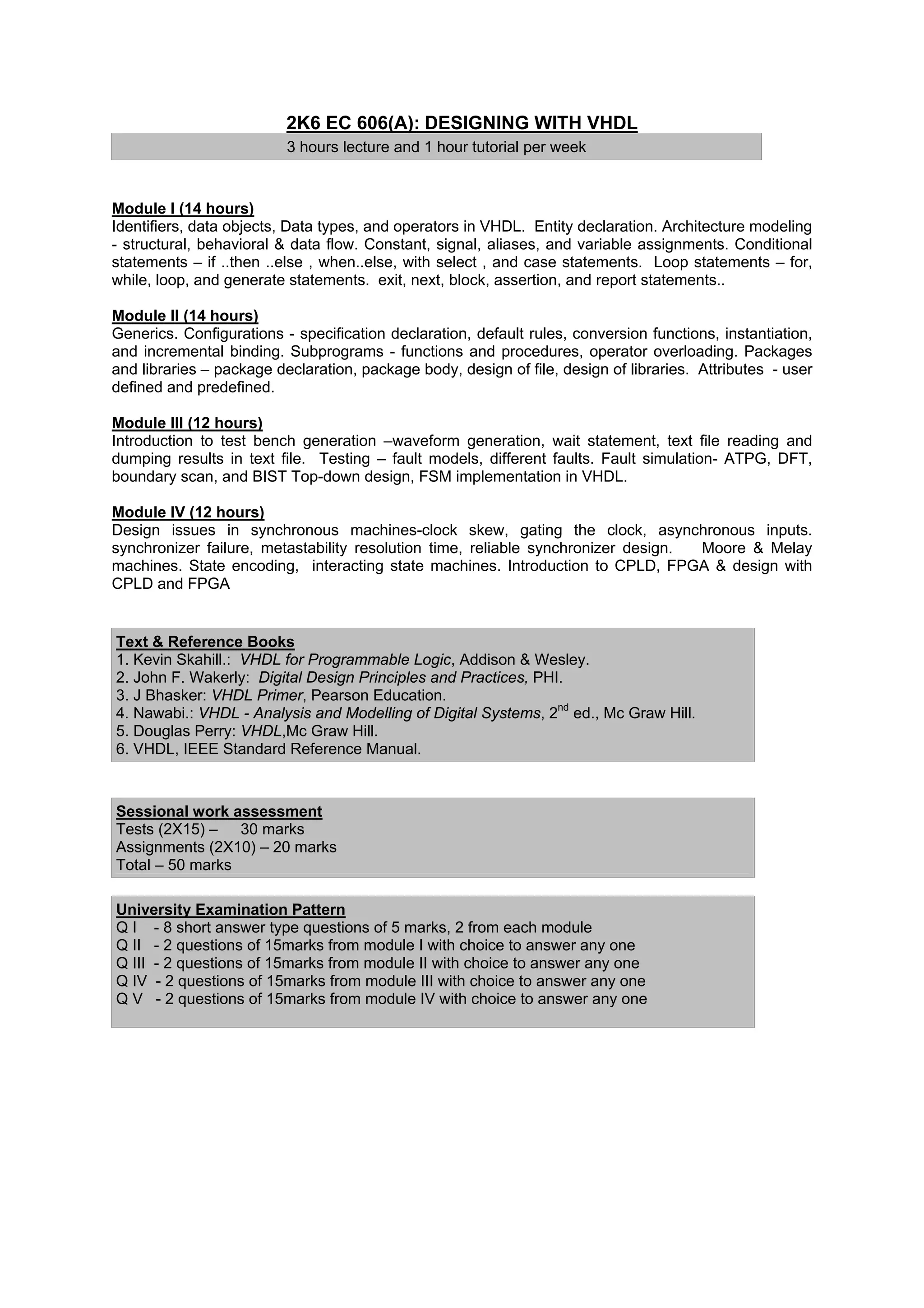2K6 EC 606(A): DESIGNING WITH VHDL
                          3 hours lecture and 1 hour tutorial per week


Module I (14 hours)
Identifiers, data objects, Data types, and operators in VHDL. Entity declaration. Architecture modeling
- structural, behavioral & data flow. Constant, signal, aliases, and variable assignments. Conditional
statements – if ..then ..else , when..else, with select , and case statements. Loop statements – for,
while, loop, and generate statements. exit, next, block, assertion, and report statements..

Module II (14 hours)
Generics. Configurations - specification declaration, default rules, conversion functions, instantiation,
and incremental binding. Subprograms - functions and procedures, operator overloading. Packages
and libraries – package declaration, package body, design of file, design of libraries. Attributes - user
defined and predefined.

Module III (12 hours)
Introduction to test bench generation –waveform generation, wait statement, text file reading and
dumping results in text file. Testing – fault models, different faults. Fault simulation- ATPG, DFT,
boundary scan, and BIST Top-down design, FSM implementation in VHDL.

Module IV (12 hours)
Design issues in synchronous machines-clock skew, gating the clock, asynchronous inputs.
synchronizer failure, metastability resolution time, reliable synchronizer design. Moore & Melay
machines. State encoding, interacting state machines. Introduction to CPLD, FPGA & design with
CPLD and FPGA


Text & Reference Books
1. Kevin Skahill.: VHDL for Programmable Logic, Addison & Wesley.
2. John F. Wakerly: Digital Design Principles and Practices, PHI.
3. J Bhasker: VHDL Primer, Pearson Education.
4. Nawabi.: VHDL - Analysis and Modelling of Digital Systems, 2nd ed., Mc Graw Hill.
5. Douglas Perry: VHDL,Mc Graw Hill.
6. VHDL, IEEE Standard Reference Manual.



Sessional work assessment
Tests (2X15) – 30 marks
Assignments (2X10) – 20 marks
Total – 50 marks

University Examination Pattern
Q I - 8 short answer type questions of 5 marks, 2 from each module
Q II - 2 questions of 15marks from module I with choice to answer any one
Q III - 2 questions of 15marks from module II with choice to answer any one
Q IV - 2 questions of 15marks from module III with choice to answer any one
Q V - 2 questions of 15marks from module IV with choice to answer any one
 