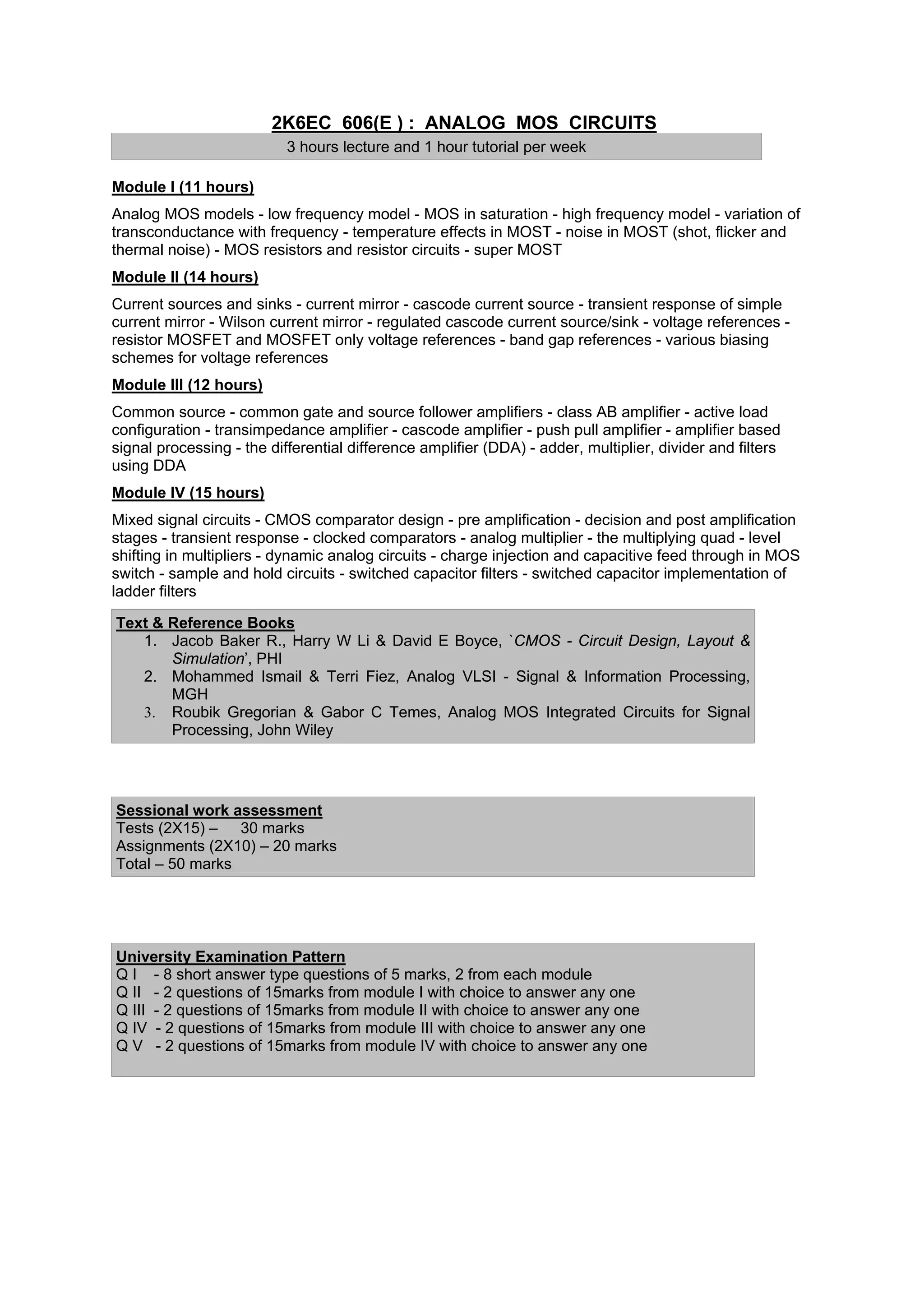 2K6EC 606(E ) : ANALOG MOS CIRCUITS
                           3 hours lecture and 1 hour tutorial per week

Module I (11 hours)
Analog MOS models - low frequency model - MOS in saturation - high frequency model - variation of
transconductance with frequency - temperature effects in MOST - noise in MOST (shot, flicker and
thermal noise) - MOS resistors and resistor circuits - super MOST
Module II (14 hours)
Current sources and sinks - current mirror - cascode current source - transient response of simple
current mirror - Wilson current mirror - regulated cascode current source/sink - voltage references -
resistor MOSFET and MOSFET only voltage references - band gap references - various biasing
schemes for voltage references
Module III (12 hours)
Common source - common gate and source follower amplifiers - class AB amplifier - active load
configuration - transimpedance amplifier - cascode amplifier - push pull amplifier - amplifier based
signal processing - the differential difference amplifier (DDA) - adder, multiplier, divider and filters
using DDA
Module IV (15 hours)
Mixed signal circuits - CMOS comparator design - pre amplification - decision and post amplification
stages - transient response - clocked comparators - analog multiplier - the multiplying quad - level
shifting in multipliers - dynamic analog circuits - charge injection and capacitive feed through in MOS
switch - sample and hold circuits - switched capacitor filters - switched capacitor implementation of
ladder filters

Text & Reference Books
   1. Jacob Baker R., Harry W Li & David E Boyce, `CMOS - Circuit Design, Layout &
       Simulation’, PHI
   2. Mohammed Ismail & Terri Fiez, Analog VLSI - Signal & Information Processing,
       MGH
   3. Roubik Gregorian & Gabor C Temes, Analog MOS Integrated Circuits for Signal
       Processing, John Wiley




Sessional work assessment
Tests (2X15) – 30 marks
Assignments (2X10) – 20 marks
Total – 50 marks




University Examination Pattern
Q I - 8 short answer type questions of 5 marks, 2 from each module
Q II - 2 questions of 15marks from module I with choice to answer any one
Q III - 2 questions of 15marks from module II with choice to answer any one
Q IV - 2 questions of 15marks from module III with choice to answer any one
Q V - 2 questions of 15marks from module IV with choice to answer any one
 