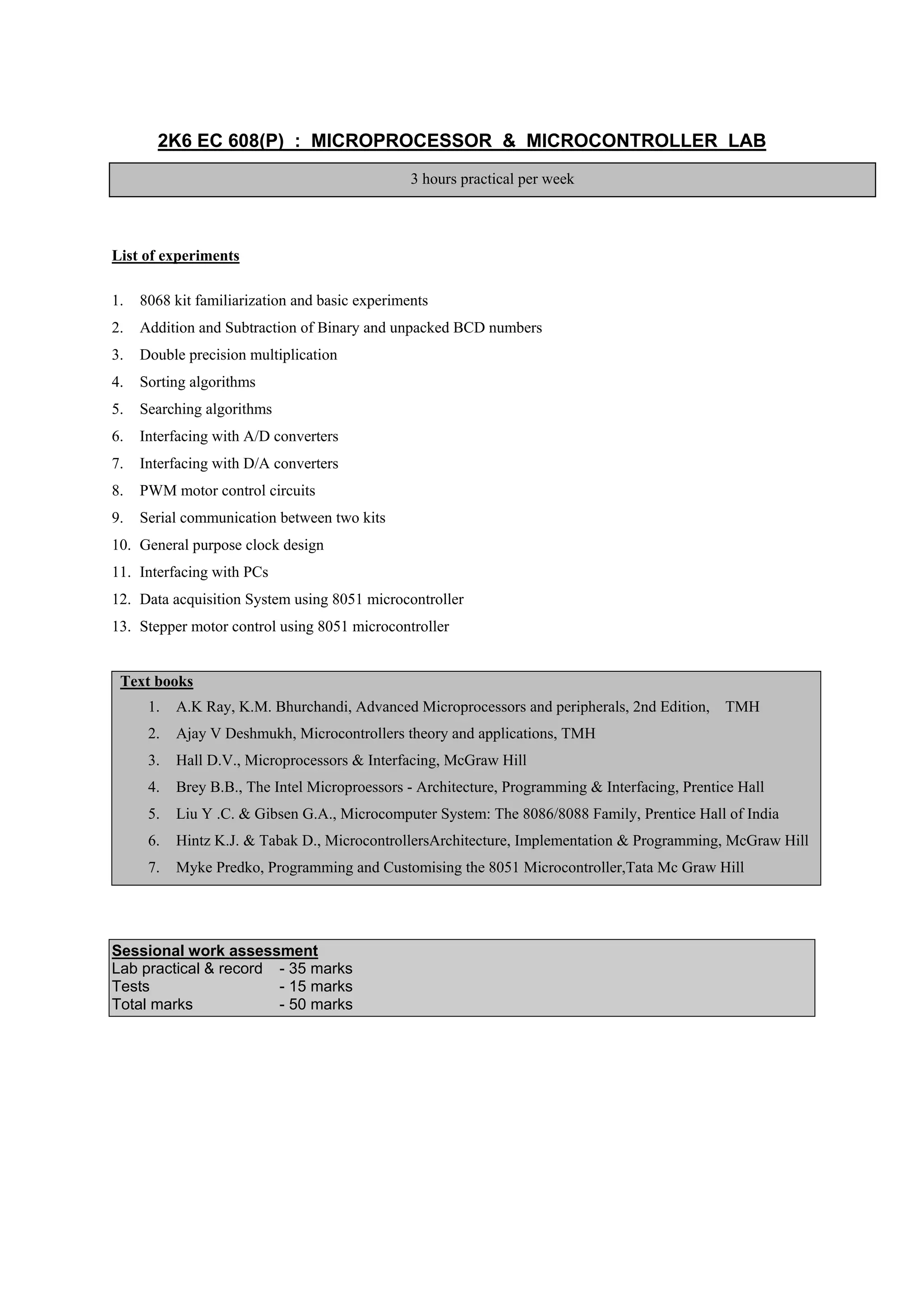 2K6 EC 608(P) : MICROPROCESSOR & MICROCONTROLLER LAB
                                                3 hours practical per week



List of experiments

1.   8068 kit familiarization and basic experiments
2.   Addition and Subtraction of Binary and unpacked BCD numbers
3.   Double precision multiplication
4.   Sorting algorithms
5.   Searching algorithms
6.   Interfacing with A/D converters
7.   Interfacing with D/A converters
8.   PWM motor control circuits
9.   Serial communication between two kits
10. General purpose clock design
11. Interfacing with PCs
12. Data acquisition System using 8051 microcontroller
13. Stepper motor control using 8051 microcontroller


 Text books
      1.   A.K Ray, K.M. Bhurchandi, Advanced Microprocessors and peripherals, 2nd Edition, TMH
      2.   Ajay V Deshmukh, Microcontrollers theory and applications, TMH
      3.   Hall D.V., Microprocessors & Interfacing, McGraw Hill
      4.   Brey B.B., The Intel Microproessors - Architecture, Programming & Interfacing, Prentice Hall
      5.   Liu Y .C. & Gibsen G.A., Microcomputer System: The 8086/8088 Family, Prentice Hall of India
      6.   Hintz K.J. & Tabak D., MicrocontrollersArchitecture, Implementation & Programming, McGraw Hill
      7.   Myke Predko, Programming and Customising the 8051 Microcontroller,Tata Mc Graw Hill




Sessional work assessment
Lab practical & record - 35 marks
Tests                  - 15 marks
Total marks            - 50 marks
 