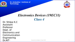 Dr. Ambedkar Institute of Technology
Electronics Devices (19EC31)
Class 4
Dr. Ambedkar Institute of
Technology
Dr. Shilpa K.C
Assistant
Professor
Dept. of
Electronics and
Communication
Engineering
Dr.AIT
09/07/2020 1
Prepared by Dr.Shilpa K.C, Dept of ECE
 