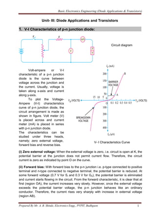 Basic Electronics Engineering (Diode Applications & Transistors)
Prepared By Mr. A. B. Shinde, Electronics Engg., PVPIT, Budhgaon 1
Unit- III: Diode Applications and Transistors
1. V-I Characteristics of p-n junction diode:
Circuit diagram
Volt-ampere or V-I
characteristic of a p-n junction
diode is the curve between
voltage across the junction and
the current. Usually, voltage is
taken along x-axis and current
along y-axis.
To plot the Voltage-
Ampere (V-I) characteristics
curve of p-n junction diode, the
circuit arrangement is made as
shown in figure. Volt meter (V)
is placed across and current
meter (mA) is placed in series
with p-n junction diode.
The characteristics can be
studied under three heads,
namely; zero external voltage,
forward bias and reverse bias.
V- I Characteristics Curve
(i) Zero external voltage: When the external voltage is zero, i.e. circuit is open at K, the
potential barrier at the junction does not permit current flow. Therefore, the circuit
current is zero as indicated by point O on the curve.
(ii) Forward bias: With forward bias to the p-n junction i.e. p-type connected to positive
terminal and n-type connected to negative terminal, the potential barrier is reduced. At
some forward voltage (0.7 V for Si and 0.3 V for Ge), the potential barrier is eliminated
and current starts flowing in the circuit. From the forward characteristic, it is clear that at
first (region OA), the current increases very slowly. However, once the external voltage
exceeds the potential barrier voltage, the p-n junction behaves like an ordinary
conductor. Therefore, the current rises very sharply with increase in external voltage
(region AB).
 