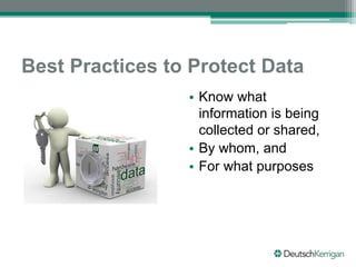 Best Practices to Protect Data
• Know what
information is being
collected or shared,
• By whom, and
• For what purposes
 