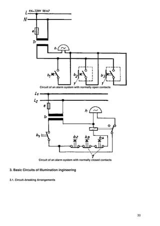 Circuit of an alarm system with normally open contacts




                     Circuit of an alarm system with normally closed contacts


3. Basic Circuits of Illumination ingineering


3.1. Circuit−breaking Arrangements




                                                                                30
 
