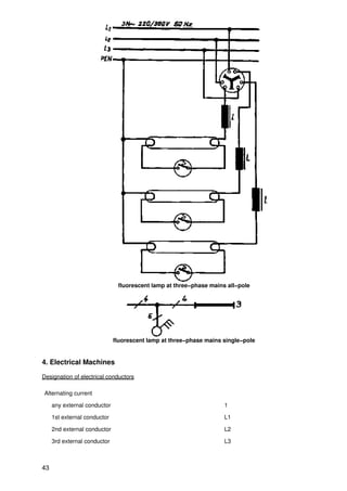 fluorescent lamp at three−phase mains all−pole




                              fluorescent lamp at three−phase mains single−pole


4. Electrical Machines

Designation of electrical conductors

Alternating current

     any external conductor                                         1

     1st external conductor                                         L1

     2nd external conductor                                         L2

     3rd external conductor                                         L3



43
 