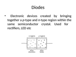 Diodes
• Electronic devices created by bringing
together a p-type and n-type region within the
same semiconductor crystal. Used for
rectifiers, LED etc
 