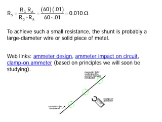 To achieve such a small resistance, the shunt is probably a
large-diameter wire or solid piece of metal.
( ) ( )
= = = Ω
G A
S
G A
60 .01
R R
R 0.010
R -R 60-.01
Web links: ammeter design, ammeter impact on circuit,
clamp-on ammeter (based on principles we will soon be
studying).
 
