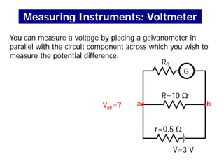 Measuring Instruments: Voltmeter
You can measure a voltage by placing a galvanometer in
parallel with the circuit component across which you wish to
measure the potential difference.
V=3 V
R=10 Ω
r=0.5 Ω
G
RG
a b
Vab=?
 