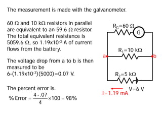 The measurement is made with the galvanometer.
V=6 V
R1=10 kΩ
R2=5 kΩ
G
RG=60 Ω
a b
60 Ω and 10 kΩ resistors in parallel
are equivalent to an 59.6 Ω resistor.
The total equivalent resistance is
5059.6 Ω, so 1.19x10-3 A of current
flows from the battery.
I=1.19 mA
The voltage drop from a to b is then
measured to be
6-(1.19x10-3)(5000)=0.07 V.
The percent error is.
×
4 -.07
% Error = 100 = 98%
4
 