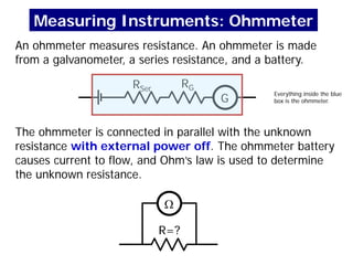 An ohmmeter measures resistance. An ohmmeter is made
from a galvanometer, a series resistance, and a battery.
G
RG
RSer
R=?
The ohmmeter is connected in parallel with the unknown
resistance with external power off. The ohmmeter battery
causes current to flow, and Ohm’s law is used to determine
the unknown resistance.
Ω
Measuring Instruments: Ohmmeter
Everything inside the blue
box is the ohmmeter.
 