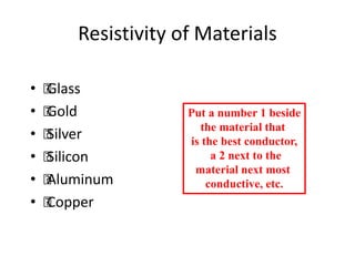 Resistivity of Materials
• 
Glass
• 
Gold
• 
Silver
• 
Silicon
• 
Aluminum
• 
Copper
Put a number 1 beside
the material that
is the best conductor,
a 2 next to the
material next most
conductive, etc.
 