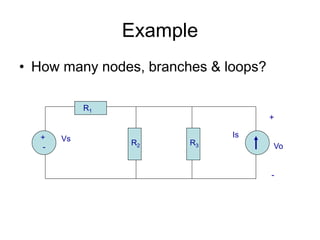 Example
• How many nodes, branches & loops?
+
-
Vs Is
R1
R2 R3
+
Vo
-
 