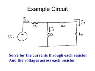 Example Circuit
Solve for the currents through each resistor
And the voltages across each resistor
 