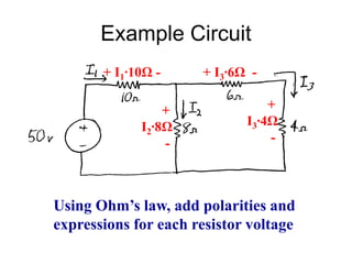 Example Circuit
Using Ohm’s law, add polarities and
expressions for each resistor voltage
+ I1∙10Ω -
+
I2∙8Ω
-
+ I3∙6Ω -
+
I3∙4Ω
-
 