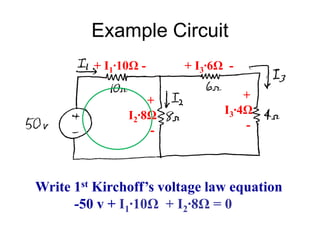 Example Circuit
Write 1st Kirchoff’s voltage law equation
-50 v + I1∙10Ω + I2∙8Ω = 0
+ I1∙10Ω -
+
I2∙8Ω
-
+ I3∙6Ω -
+
I3∙4Ω
-
 