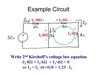 Example Circuit
Write 2nd Kirchoff’s voltage law equation
-I2∙8Ω + I3∙6Ω + I3∙4Ω = 0
or I2 = I3 ∙(6+4)/8 = 1.25 ∙ I3
+ I1∙10Ω -
+
I2∙8Ω
-
+ I3∙6Ω -
+
I3∙4Ω
-
 