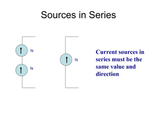 Sources in Series
Is
Is
Current sources in
series must be the
same value and
direction
Is
 