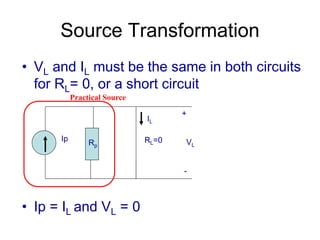 Source Transformation
• VL and IL must be the same in both circuits
for RL= 0, or a short circuit
• Ip = IL and VL = 0
Ip
Rp
RL=0
+
VL
-
IL
Practical Source
 