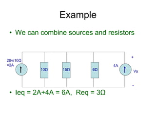 • We can combine sources and resistors
• Ieq = 2A+4A = 6A, Req = 3Ω
Example
20v/10Ω
=2A 4A
10Ω 15Ω 6Ω
+
Vo
-
 