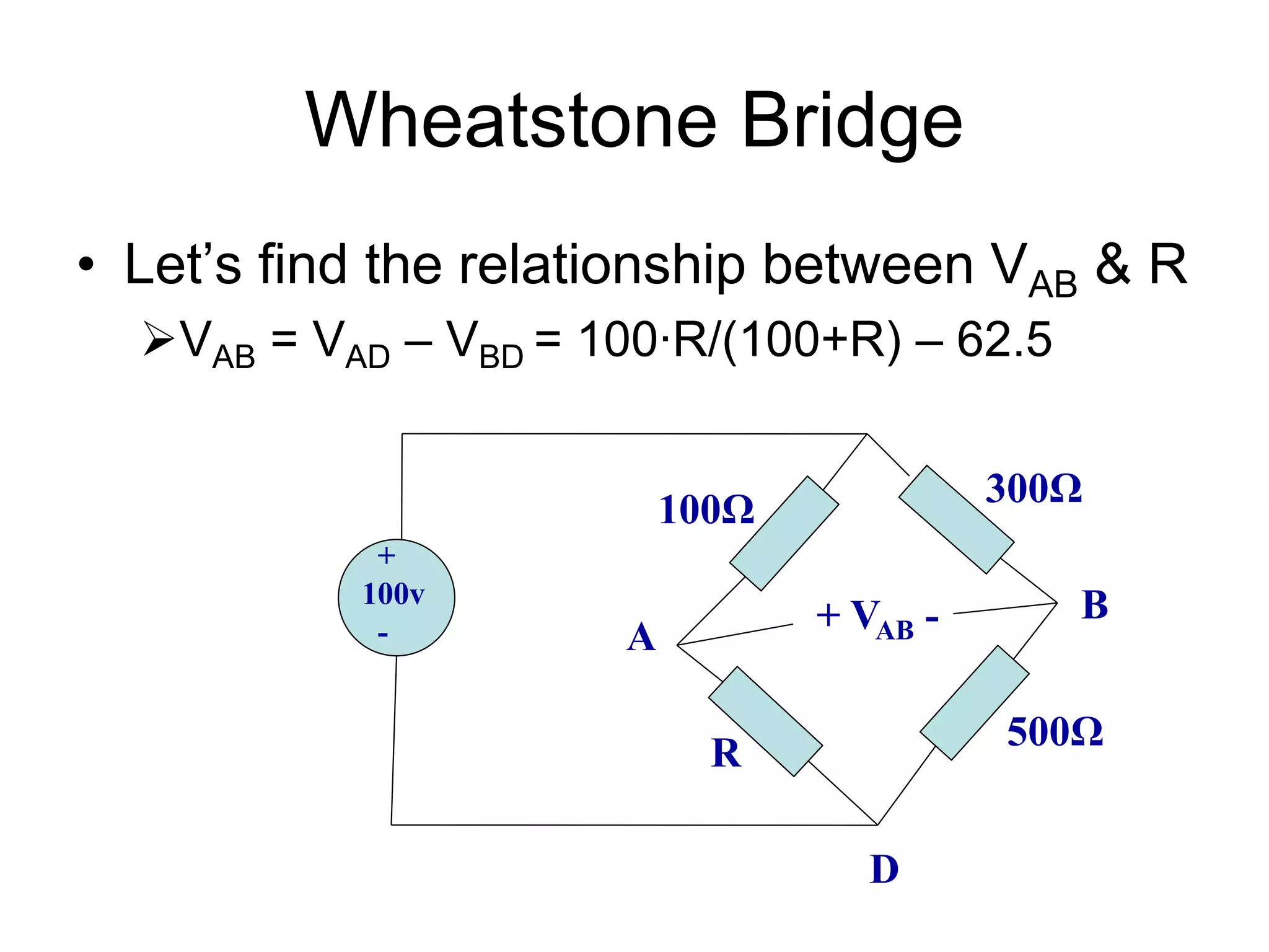 Wheatstone Bridge
• Let’s find the relationship between VAB & R
VAB = VAD – VBD = 100∙R/(100+R) – 62.5
+
100v
-
100Ω
R
500Ω
300Ω
+ VAB -
A
B
D
 