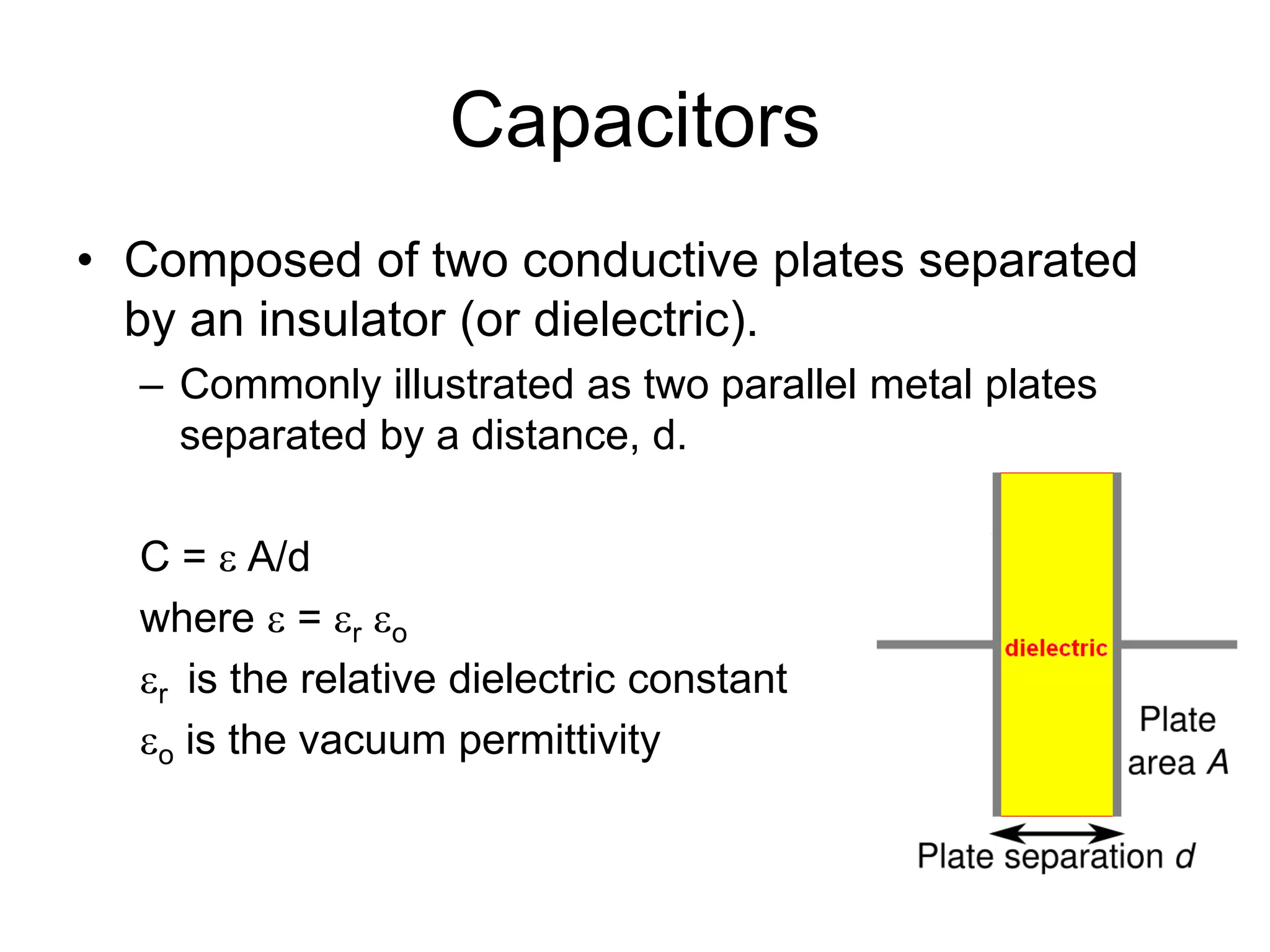 Capacitors
• Composed of two conductive plates separated
by an insulator (or dielectric).
– Commonly illustrated as two parallel metal plates
separated by a distance, d.
C = ε A/d
where ε = εr εo
εr is the relative dielectric constant
εo is the vacuum permittivity
 
