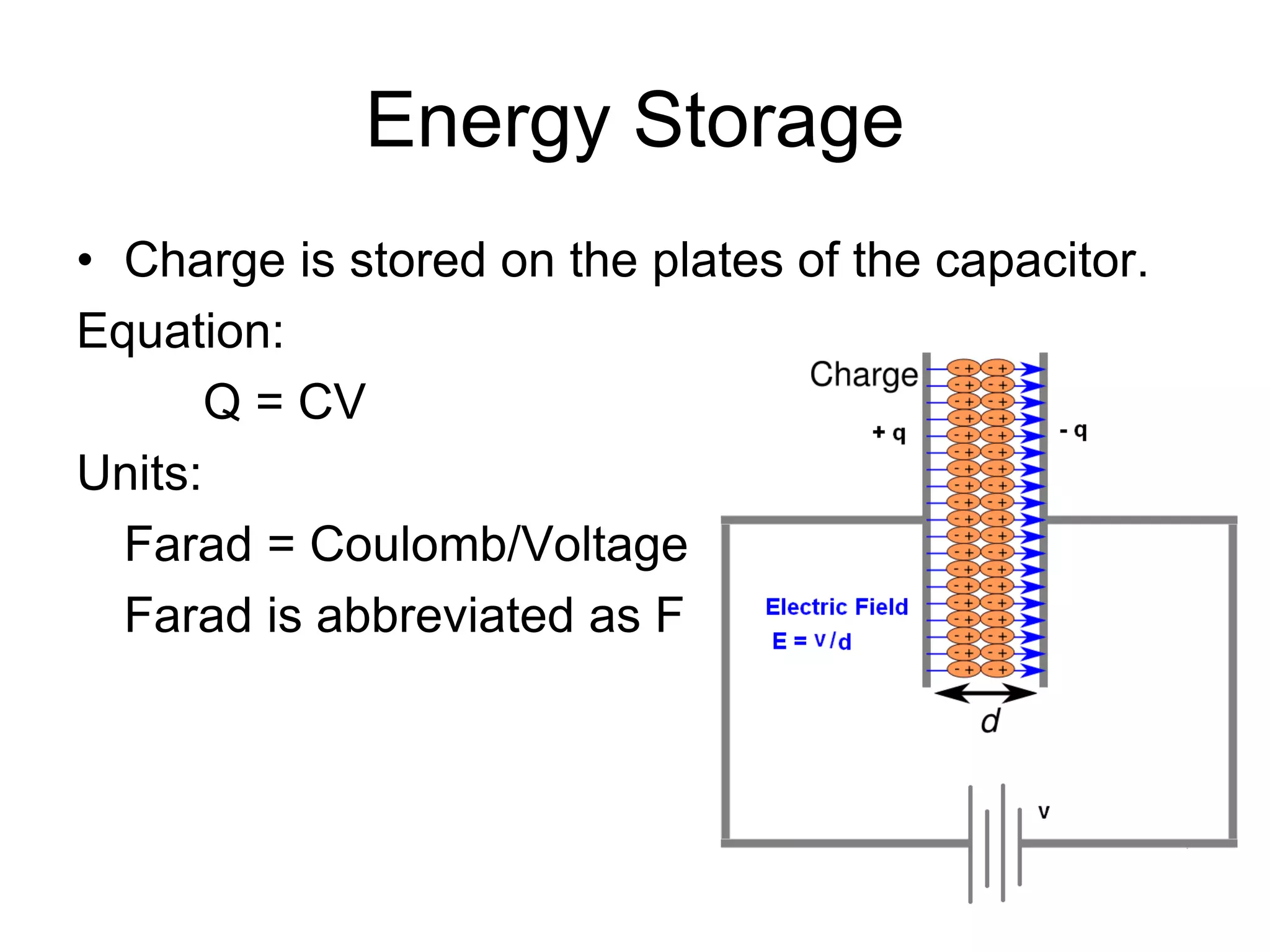 Energy Storage
• Charge is stored on the plates of the capacitor.
Equation:
Q = CV
Units:
Farad = Coulomb/Voltage
Farad is abbreviated as F
 
