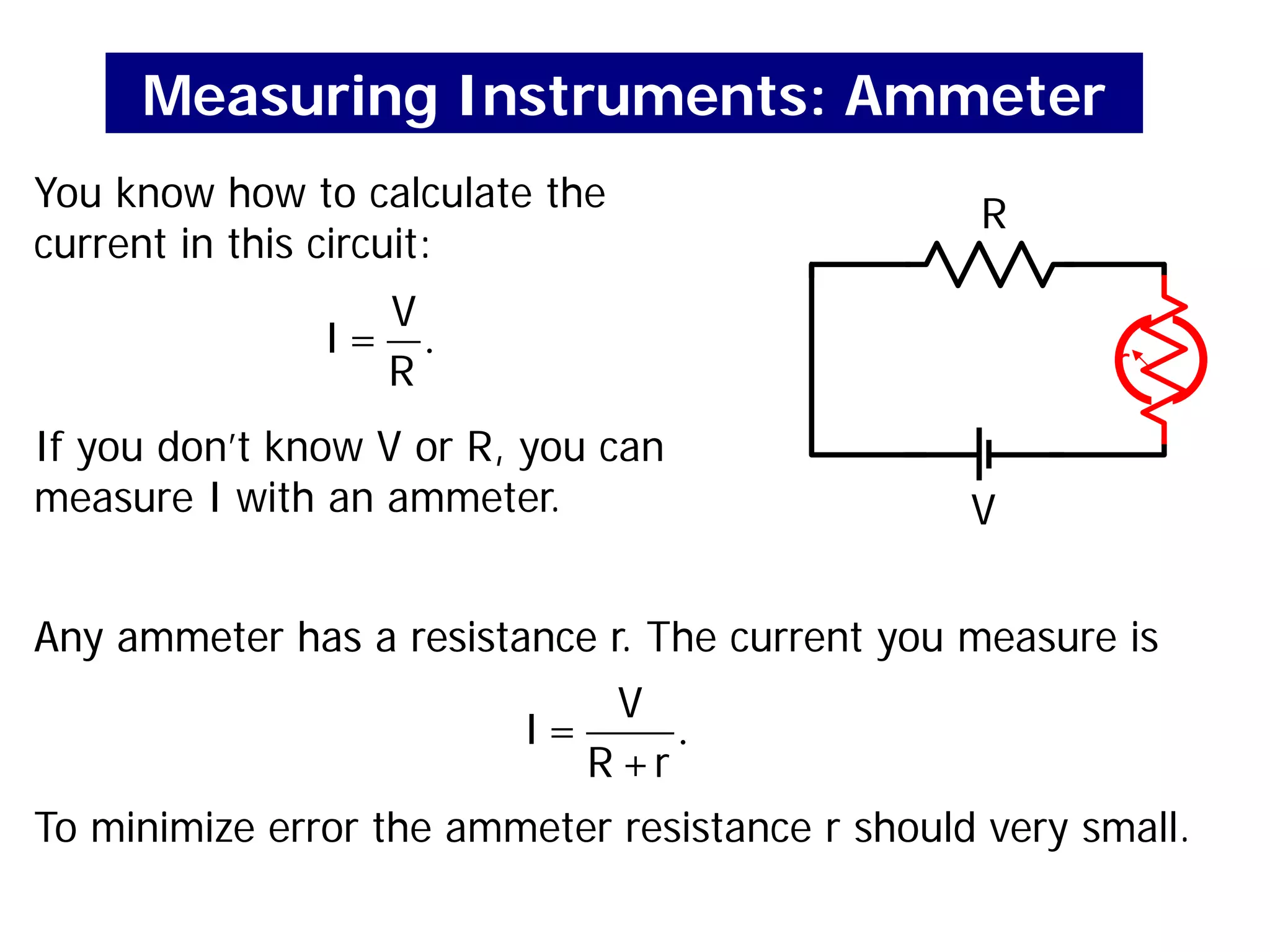 You know how to calculate the
current in this circuit:
Measuring Instruments: Ammeter
V
R
.
V
I =
R
If you don’t know V or R, you can
measure I with an ammeter.
.
V
I =
R +r
To minimize error the ammeter resistance r should very small.
Any ammeter has a resistance r.
Any ammeter has a resistance r. The current you measure is
r
 