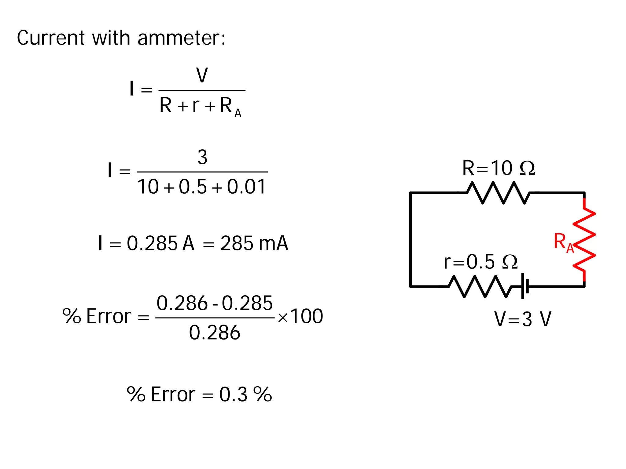 V=3 V
R=10 Ω
r=0.5 Ω
Current with ammeter:
A
V
I =
R +r+R
3
I =
10+0.5+0.01
I = 0.285 A = 285 mA RA
×
0.286-0.285
% Error = 100
0.286
% Error = 0.3 %
 