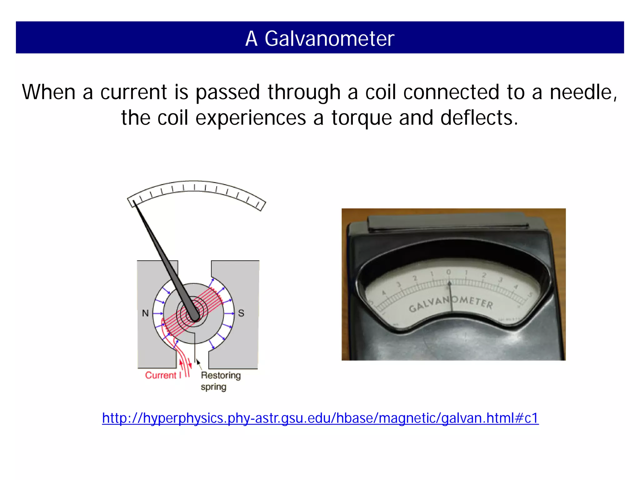 A Galvanometer
http://hyperphysics.phy-astr.gsu.edu/hbase/magnetic/galvan.html#c1
When a current is passed through a coil connected to a needle,
the coil experiences a torque and deflects.
 