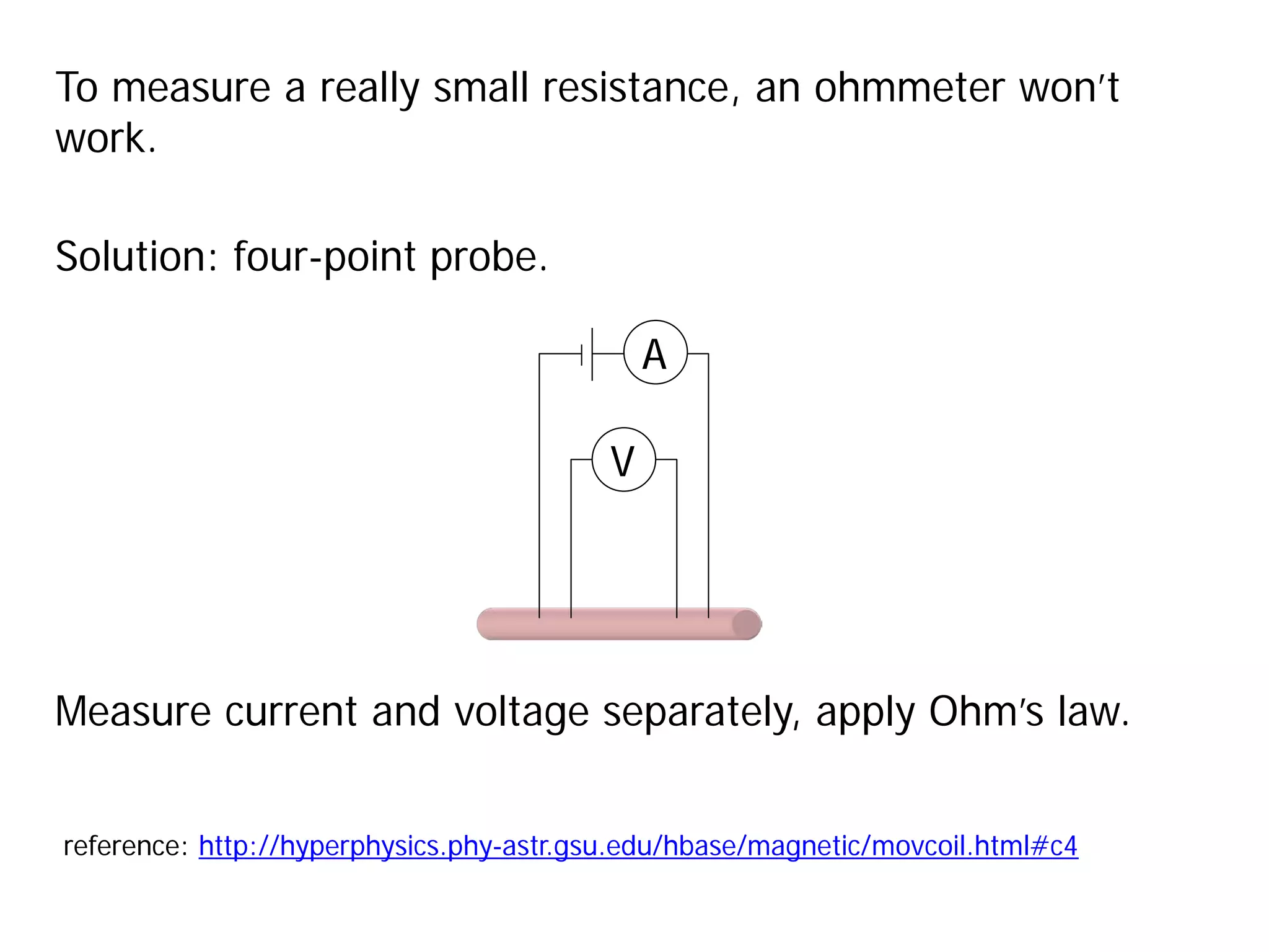 To measure a really small resistance, an ohmmeter won’t
work.
Solution: four-point probe.
V
A
reference: http://hyperphysics.phy-astr.gsu.edu/hbase/magnetic/movcoil.html#c4
Measure current and voltage separately, apply Ohm’s law.
 