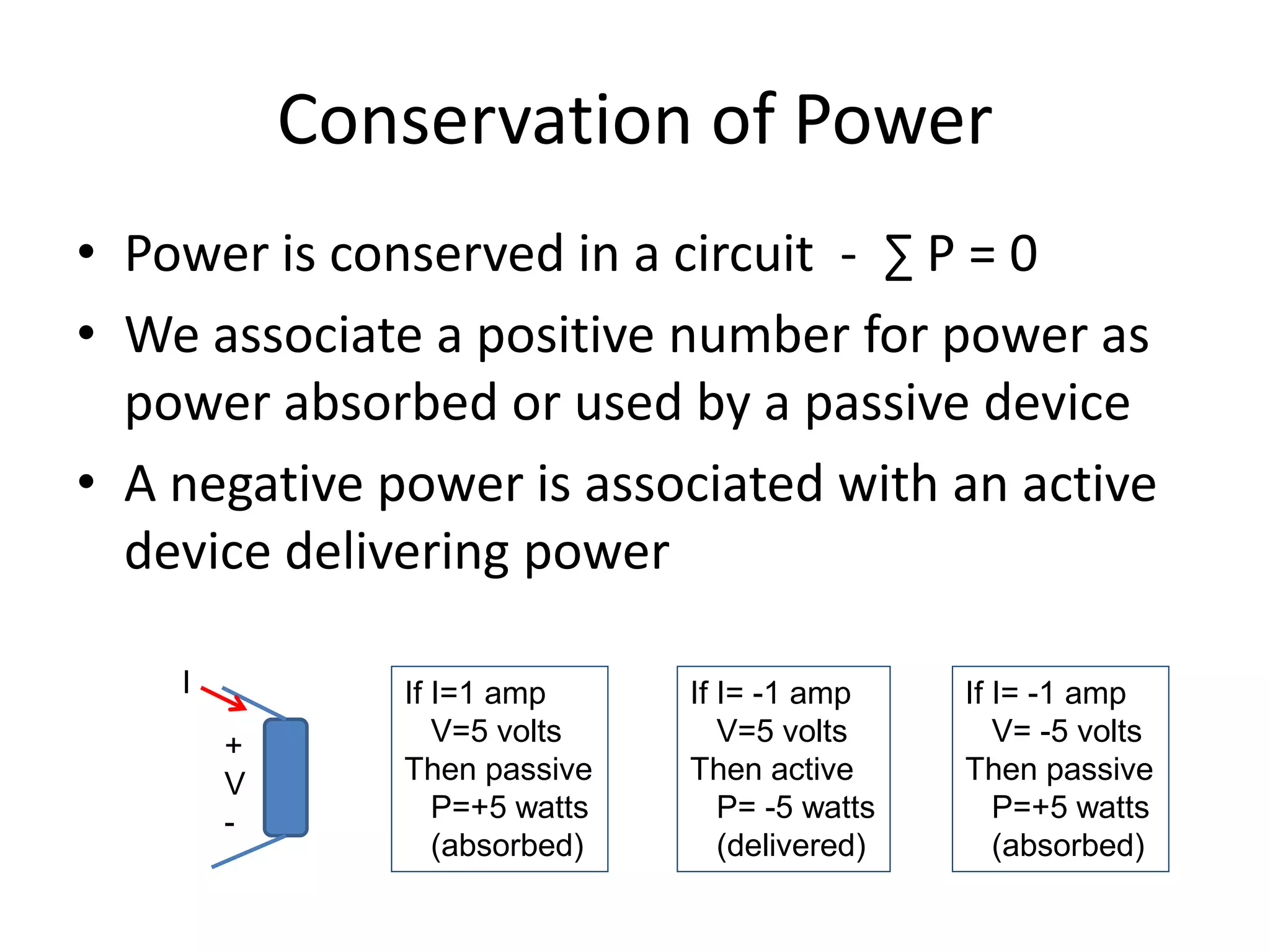 Conservation of Power
• Power is conserved in a circuit - ∑ P = 0
• We associate a positive number for power as
power absorbed or used by a passive device
• A negative power is associated with an active
device delivering power
I
+
V
-
If I=1 amp
V=5 volts
Then passive
P=+5 watts
(absorbed)
If I= -1 amp
V=5 volts
Then active
P= -5 watts
(delivered)
If I= -1 amp
V= -5 volts
Then passive
P=+5 watts
(absorbed)
 