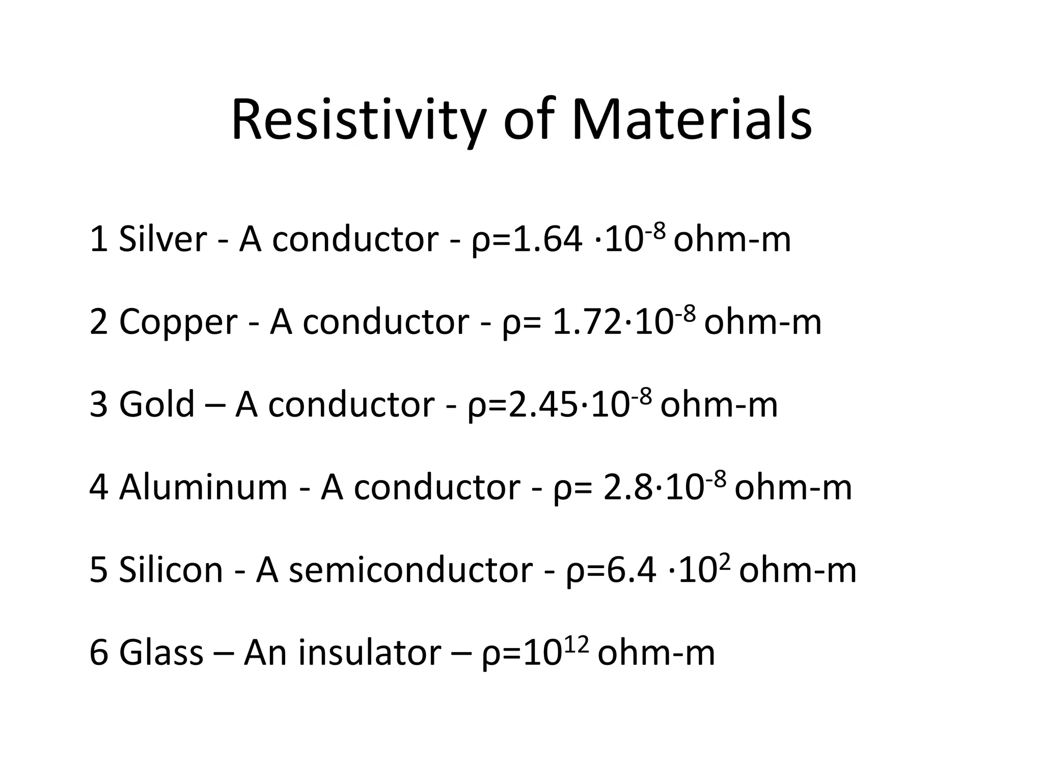 Resistivity of Materials
1 Silver - A conductor - ρ=1.64 ·10-8 ohm-m
2 Copper - A conductor - ρ= 1.72·10-8 ohm-m
3 Gold – A conductor - ρ=2.45·10-8 ohm-m
4 Aluminum - A conductor - ρ= 2.8·10-8 ohm-m
5 Silicon - A semiconductor - ρ=6.4 ·102 ohm-m
6 Glass – An insulator – ρ=1012 ohm-m
 