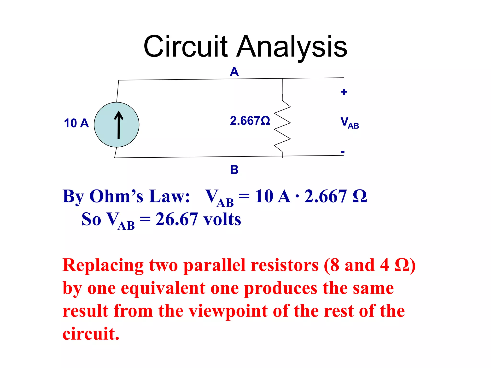 Circuit Analysis
10 A 2.667Ω
A
B
+
VAB
-
By Ohm’s Law: VAB = 10 A ∙ 2.667 Ω
So VAB = 26.67 volts
Replacing two parallel resistors (8 and 4 Ω)
by one equivalent one produces the same
result from the viewpoint of the rest of the
circuit.
 