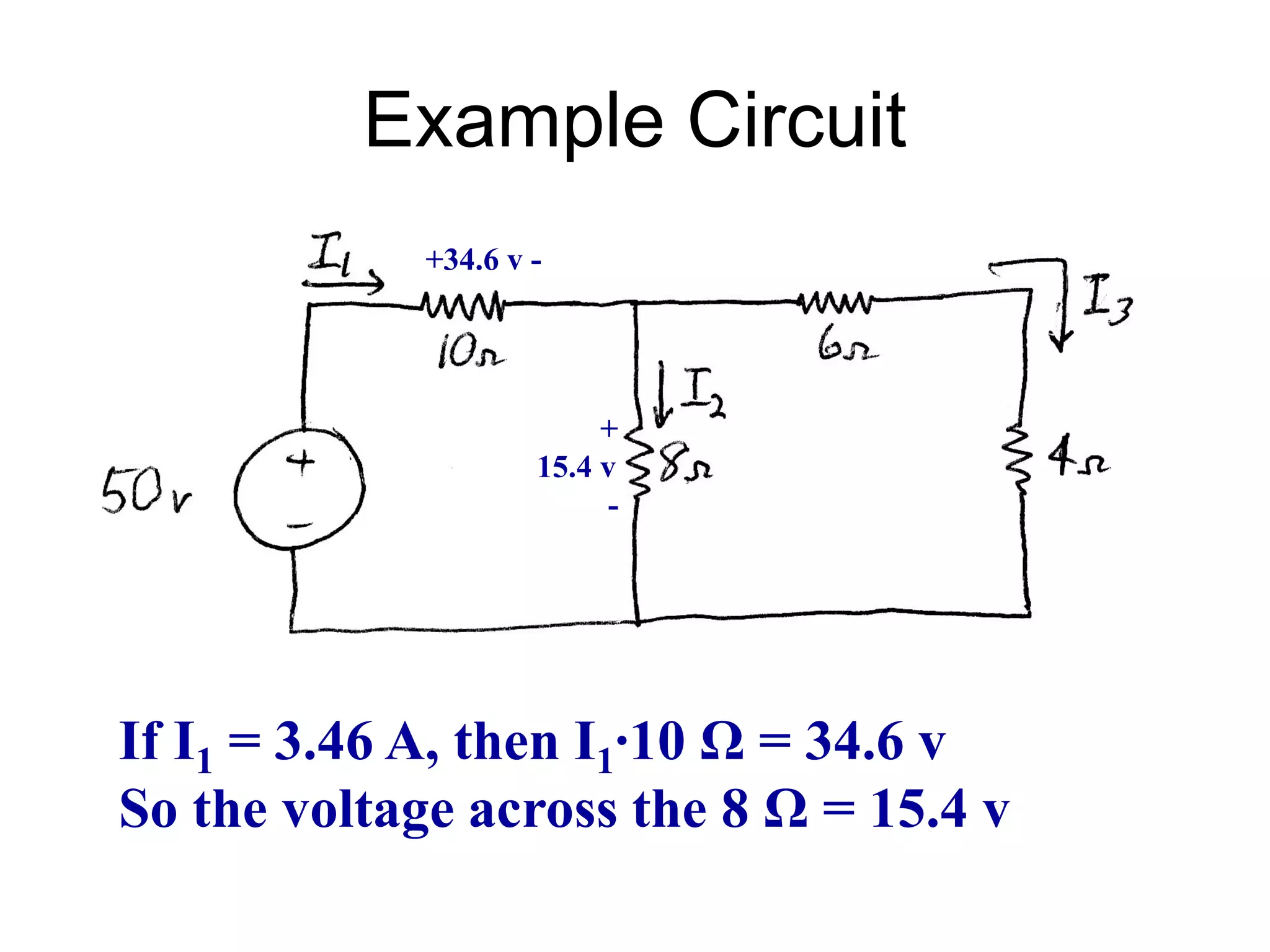 Example Circuit
If I1 = 3.46 A, then I1∙10 Ω = 34.6 v
So the voltage across the 8 Ω = 15.4 v
+34.6 v -
+
15.4 v
-
 