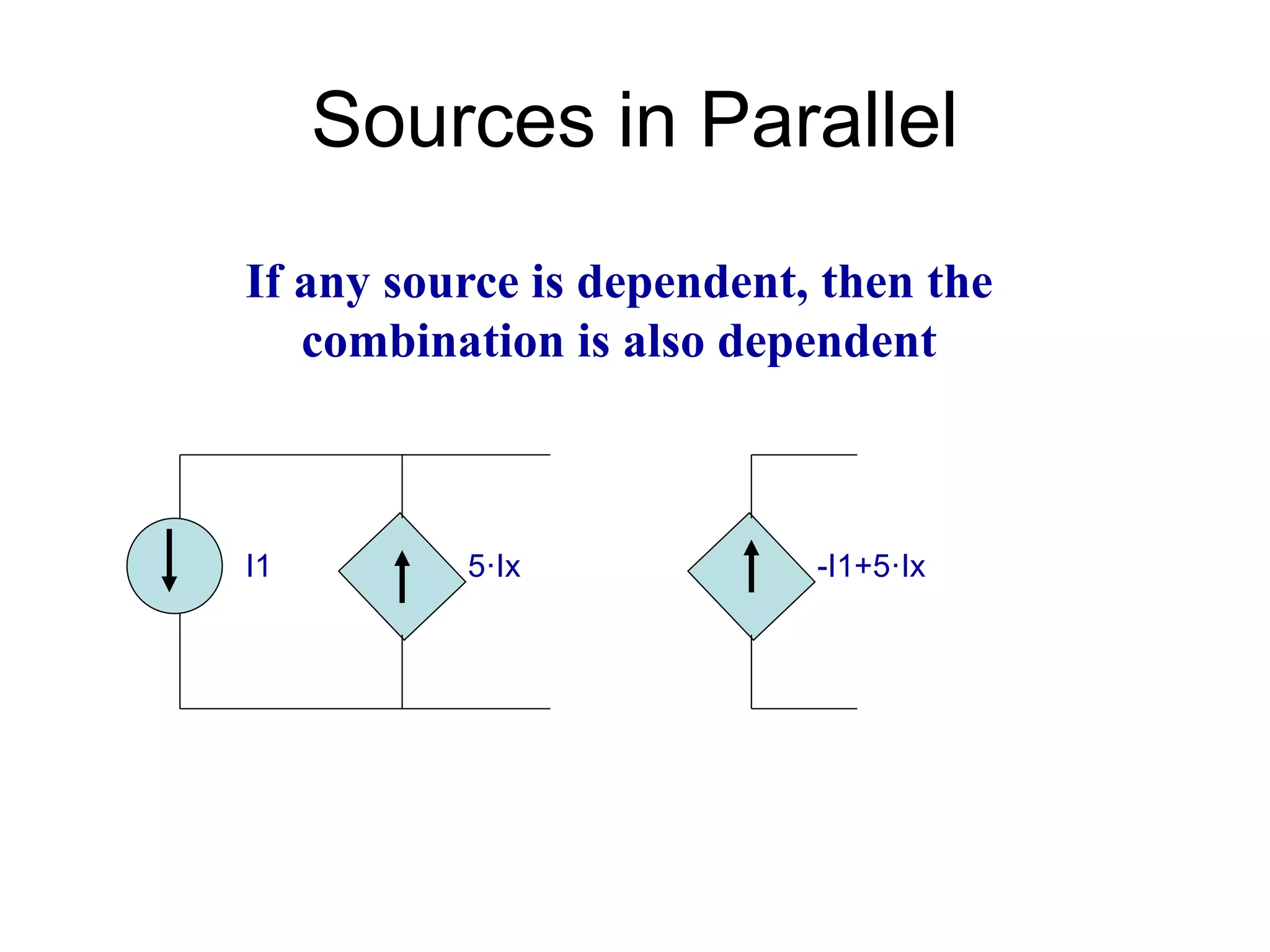 Sources in Parallel
I1 5·Ix
If any source is dependent, then the
combination is also dependent
-I1+5·Ix
 