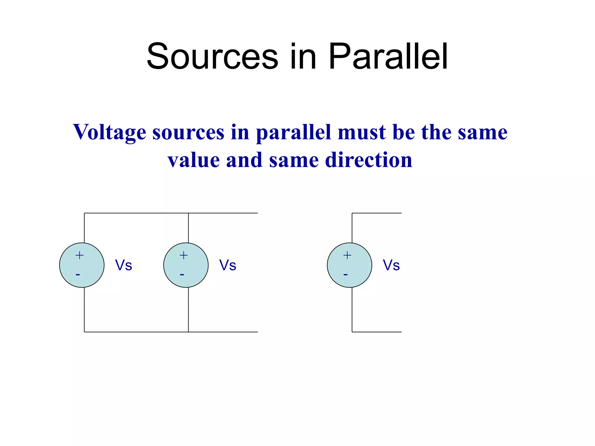 Sources in Parallel
Vs Vs
Voltage sources in parallel must be the same
value and same direction
Vs
+
-
+
-
+
-
 