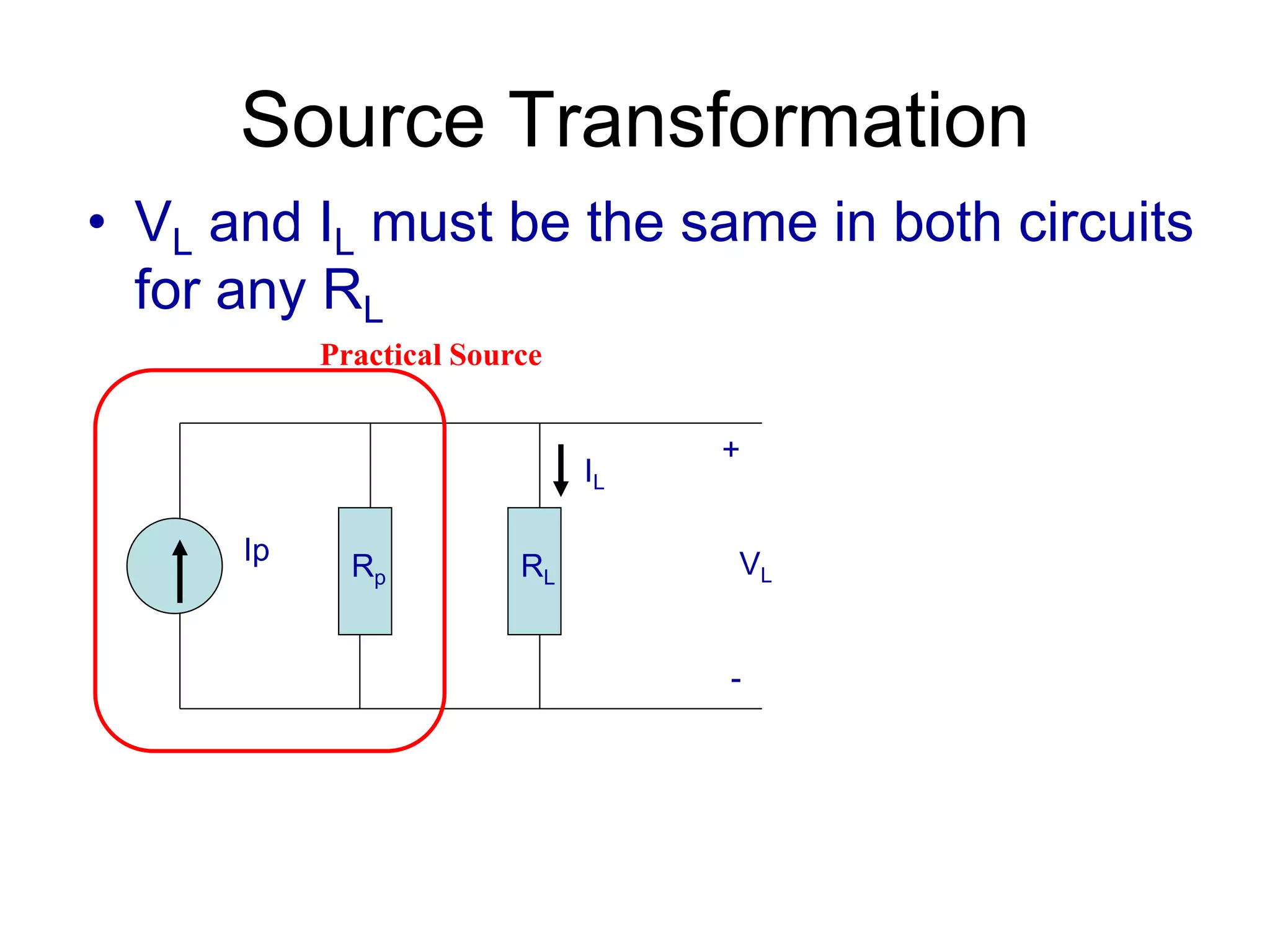 Source Transformation
• VL and IL must be the same in both circuits
for any RL
Ip
Rp RL
+
VL
-
IL
Practical Source
 