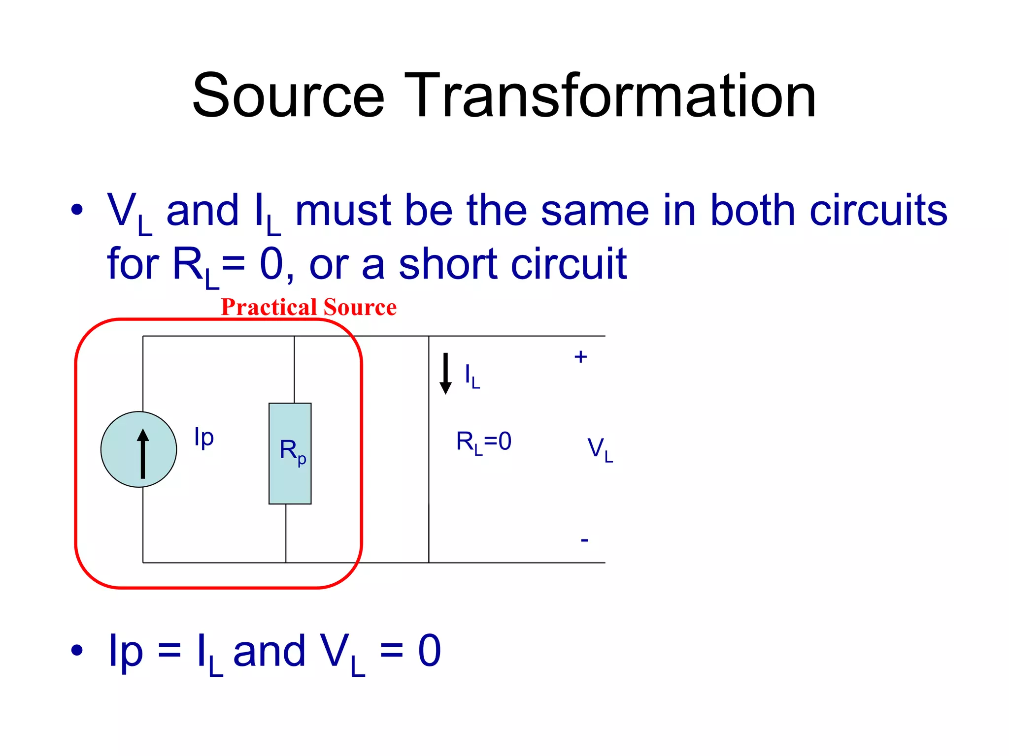 Source Transformation
• VL and IL must be the same in both circuits
for RL= 0, or a short circuit
• Ip = IL and VL = 0
Ip
Rp
RL=0
+
VL
-
IL
Practical Source
 