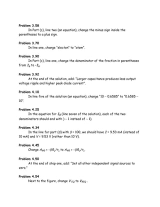 Problem 3.58
      In Part (c), line two (an equation), change the minus sign inside the
parentheses to a plus sign.

Problem 3.70
      In line one, change “electon” to “atom”.

Problem 3.90
      In Part (c), line one, change the denominator of the fraction in parentheses
from IR to –IR.

Problem 3.92
      At the end of the solution, add: “Larger capacitance produces less output
voltage ripple and higher peak diode current”.

Problem 4.10
      In line five of the solution (an equation), change “10 − 0.6585” to “0.6585 −
10”.

Problem 4.25
      In the equation for Is (line seven of the solution), each of the two
denominators should end with ) − 1 instead of − 1).

Problem 4.34
      In the line for part (d) with β = 100, we should have I = 9.53 mA (instead of
10 mA) and V = 9.53 V (rather than 10 V).

Problem 4.45
      Change Avo = −βRL/rπ to Avo = −βRC/rπ.

Problem 4.50
       At the end of step one, add: “Set all other independent signal sources to
zero.”

Problem 4.54
      Next to the figure, change V EQ to VBEQ .
 