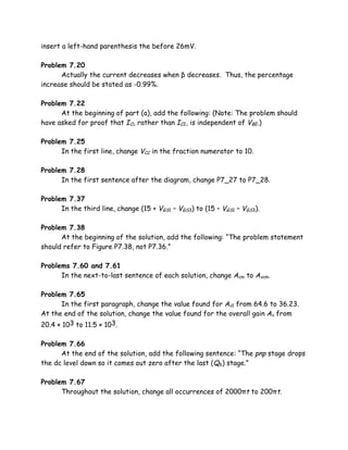 insert a left-hand parenthesis the before 26mV.

Problem 7.20
      Actually the current decreases when β decreases. Thus, the percentage
increase should be stated as -0.99%.

Problem 7.22
      At the beginning of part (a), add the following: (Note: The problem should
have asked for proof that IO, rather than IC2, is independent of VBE.)

Problem 7.25
      In the first line, change VCC in the fraction numerator to 10.

Problem 7.28
      In the first sentence after the diagram, change P7_27 to P7_28.

Problem 7.37
      In the third line, change (15 + VGS1 – VGS3) to (15 – VGS1 – VGS3).

Problem 7.38
      At the beginning of the solution, add the following: “The problem statement
should refer to Figure P7.38, not P7.36.”

Problems 7.60 and 7.61
      In the next-to-last sentence of each solution, change Acm to Avcm.

Problem 7.65
      In the first paragraph, change the value found for Av1 from 64.6 to 36.23.
At the end of the solution, change the value found for the overall gain Av from
20.4 × 103 to 11.5 × 103.

Problem 7.66
      At the end of the solution, add the following sentence: “The pnp stage drops
the dc level down so it comes out zero after the last (Q6) stage.”

Problem 7.67
      Throughout the solution, change all occurrences of 2000πt to 200πt.
 