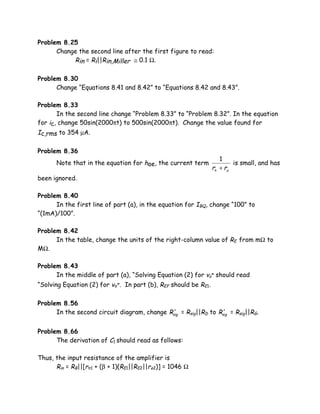 Problem 8.25
      Change the second line after the first figure to read:
           Rin = Ri||Rin,Miller ≅ 0.1 Ω.

Problem 8.30
      Change “Equations 8.41 and 8.42” to “Equations 8.42 and 8.43”.

Problem 8.33
       In the second line change “Problem 8.33” to “Problem 8.32”. In the equation
for ic, change 50sin(2000πt) to 500sin(2000πt). Change the value found for
Ic,rms to 354 µA.

Problem 8.36
                                                                    1
      Note that in the equation for hoe, the current term                is small, and has
                                                                 rπ + rµ
been ignored.

Problem 8.40
      In the first line of part (a), in the equation for IBQ, change “100” to
“(1mA)/100”.

Problem 8.42
      In the table, change the units of the right-column value of RE from mΩ to
MΩ.

Problem 8.43
      In the middle of part (a), “Solving Equation (2) for vo” should read
“Solving Equation (2) for vπ”. In part (b), REF should be RE1.

Problem 8.56
      In the second circuit diagram, change Rsig = Rsig||RD to Rsig = Rsig||RG.
                                              ′                  ′


Problem 8.66
      The derivation of C1 should read as follows:

Thus, the input resistance of the amplifier is
      Rin = RB||[rπ1 + (β + 1)(RE1||RE2||re2)] = 1046 Ω
 