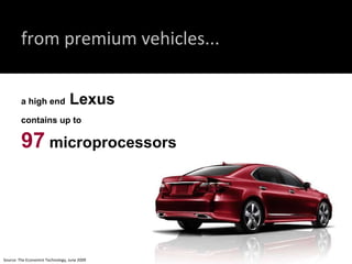 Source: The Economist Technology, June 2009 from premium vehicles... a high end  Lexus  contains up to   97   microprocessors 