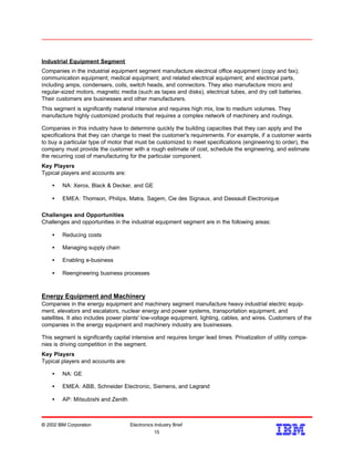Industrial Equipment Segment
Companies in the industrial equipment segment manufacture electrical office equipment (copy and fax);
communication equipment; medical equipment; and related electrical equipment; and electrical parts,
including amps, condensers, coils, switch heads, and connectors. They also manufacture micro and
regular-sized motors, magnetic media (such as tapes and disks), electrical tubes, and dry cell batteries.
Their customers are businesses and other manufacturers.
This segment is significantly material intensive and requires high mix, low to medium volumes. They
manufacture highly customized products that requires a complex network of machinery and routings.
Companies in this industry have to determine quickly the building capacities that they can apply and the
specifications that they can change to meet the customer's requirements. For example, if a customer wants
to buy a particular type of motor that must be customized to meet specifications (engineering to order), the
company must provide the customer with a rough estimate of cost, schedule the engineering, and estimate
the recurring cost of manufacturing for the particular component.
Key Players
Typical players and accounts are:
• NA: Xerox, Black & Decker, and GE
• EMEA: Thomson, Philips, Matra, Sagem, Cie des Signaux, and Dassault Electronique
Challenges and Opportunities
Challenges and opportunities in the industrial equipment segment are in the following areas:
• Reducing costs
• Managing supply chain
• Enabling e-business
• Reengineering business processes
Energy Equipment and Machinery
Companies in the energy equipment and machinery segment manufacture heavy industrial electric equip-
ment, elevators and escalators, nuclear energy and power systems, transportation equipment, and
satellites. It also includes power plants' low-voltage equipment, lighting, cables, and wires. Customers of the
companies in the energy equipment and machinery industry are businesses.
This segment is significantly capital intensive and requires longer lead times. Privatization of utility compa-
nies is driving competition in the segment.
Key Players
Typical players and accounts are:
• NA: GE
• EMEA: ABB, Schneider Electronic, Siemens, and Legrand
• AP: Mitsubishi and Zenith
© 2002 IBM Corporation Electronics Industry Brief
15
15
 