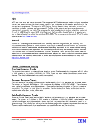 http://www.bsh-group.com
NEC
NEC has three arms and plenty of muscle. The company's NEC Solutions group makes high-end computers
(servers and supercomputers) and peripherals (monitors and projectors), and it wrestles with Fujitsu for the
top spot among Japanese PC makers. Its NEC Electron Devices division makes electronics ranging from
transistors to display modules, and competes with Toshiba for the second spot among semiconductor
makers (both companies trail Intel). The company also sells broadband and wireless networking equipment
through its NEC Networks group. NEC, which has made the Internet the focus of each of its groups, runs
one of Japan's largest Internet service providers (BIGLOBE). The company generates about 15% of its sales
outside Japan. http://www.nec.com
Marconi
Marconi is a faint image of its former self. Once a military industrial conglomerate, the company now
provides telecom equipment. Its communications products (67% of sales) include wireless and broadband
transmission, network infrastructure, and enterprise networking equipment. It also makes network testing
products and industrial power equipment and provides application hosting and managed network services.
The company sells to communications service providers worldwide. Faced with mounting losses, Marconi
sold non-core businesses to focus on the telecom market. As part of a restructuring plan intended to relieve
massive debts, the company will liquidate its assets and reincorporate as Marconi Corp. by early 2003.
http://www.marconi.com
Growth Trends in the Industry
Americas Consumer Trends
The largest growth region in the world is the Americas region. The industry in North America is $11.9 billion
in 1998, growing to $16.3 billion in 2001 (11.1% CGR). There has been market consolidation around large
players. The electrical industry is completely deregulated.
European Consumer Trends
Europe is a diverse market with diverse issues causing variation in pricing, warranty, and language issues.
The industry in Europe is $8.7 billion in 1998, growing to $10.9 billion in 2001 (7.8% CGR). There has also
been market consolidation around large players. Deregulation has been completed in Europe, increasing
competition. The industry is more driven by technology than the bottom line. Sales tend to be driven by
product value rather than vendor relationship.
Asia Pacific Consumer Trends
Similar to Europe, Asia Pacific is composed of a diverse market causing pricing, warranty, and language
issues. The industry is $7.8 billion in 1998, growing to $9.4 billion in 2001 (6.4% CGR). Asia has also seen
market consolidation around large players. Asian electronic companies have felt the negative impact of a
slow economy. The industry has built long-term and close relationships between suppliers and companies.
There are stiffer requirements for channel support compared to Europe and the Americas.
© 2002 IBM Corporation Electronics Industry Brief
23
23
 