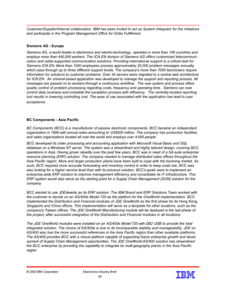 Customer/Supplier/Internal collaboration. IBM has been invited to act as System Integrator for the Initiatives
and participate in the Program Management Office for Order Fulfillment.
Siemens AG - Europe
Siemens AG, a world leader in electronics and electro-technology, operates in more than 190 countries and
employs more than 440,000 workers. The ICN EN division of Siemens AG offers customized telecommuni-
cation and cable-supported communication solutions. Providing international support is a critical task for
Siemens ICN EN. More than 1000 employees process approximately 20,000 problem messages annually,
which pass through up to three different support levels. The company's more than 7000 technicians require
information for solutions to customer problems. Over 30 servers were migrated to a central web architecture
for ICN EN. An intranet-based application was developed to manage the support and reporting process. All
messages are passed on to workers through a continuous workflow. The new system and process offers
quality control of problem processing regarding costs, frequency and operating time. Siemens can now
control daily business and complete the escalation process with efficiency. The centrally-located reporting
tool results in lowering controlling cost. The ease of use associated with the application has lead to user
acceptance.
BC Components - Asia Pacific
BC Components (BCC) is a manufacturer of passive electronic components. BCC became an independent
organization in 1999 with annual sales amounting to US$500 million. The company has production facilities
and sales organizations located all over the world and employs over 4,000 people.
BCC developed its order processing and accounting application with Microsoft Visual Basic and SQL
database on a Windows NT server. The system was a streamlined and highly tailored design, covering BCC
operations in Asia. Having grown steadily over the past few years, BCC was in need of a full-suite enterprise
resource planning (ERP) solution. The company needed to manage distributed sales offices throughout the
Asia Pacific region. More and larger production plants have been built to cope with the booming market. As
such, BCC required more accurate forecasting and inventory control in order to keep costs low. BCC was
also looking for a higher service level than with its previous solution. BCC's goals were to implement an
enterprise-wide ERP solution to improve management efficiency and consolidate its IT infrastructure. This
ERP system would also serve as the starting point for a Supply Chain Management (SCM) solution for the
company.
BCC elected to use JDEdwards as its ERP solution. The IBM Brand and ERP Solutions Team worked with
the customer to decide on an AS/400e Model 720 as the platform for the OneWorld implementation. BCC
implemented the Distribution and Financial modules of JDE OneWorld as the first phase for its Hong Kong,
Singapore and China offices. This implementation will serve as a template for other locations, such as the
company's Taiwan offices. The JDE OneWorld Manufacturing module will be deployed in the last phase of
the project, after successful integration of the Distribution and Financial modules in all locations.
The JDE OneWorld modules were installed on an AS/400e Model 720 with DB2 UDB to provide the total
integrated solution. The choice of AS/400e is due to its incomparable stability and manageability. JDE on
AS/400 also has the more successful references in the Asia Pacific region than other available platforms.
The AS/400 provides BCC with a robust platform capable of supporting future enterprise growth and devel-
opment of Supply Chain Management opportunities. The JDE OneWorld-AS/400 solution has streamlined
the BCC enterprise by providing the capability to integrate its multi-geography plants in the Asia Pacific
region.
© 2002 IBM Corporation Electronics Industry Brief
42
42
 