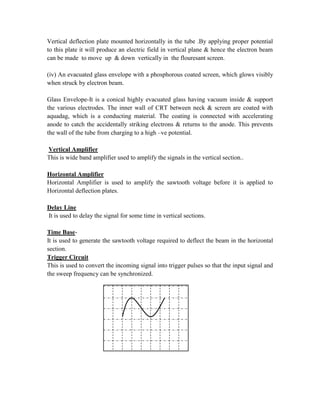 Vertical deflection plate mounted horizontally in the tube .By applying proper potential
to this plate it will produce an electric field in vertical plane & hence the electron beam
can be made to move up & down vertically in the flouresant screen.
(iv) An evacuated glass envelope with a phosphorous coated screen, which glows visibly
when struck by electron beam.
Glass Envelope-It is a conical highly evacuated glass having vacuum inside & support
the various electrodes. The inner wall of CRT between neck & screen are coated with
aquadag, which is a conducting material. The coating is connected with accelerating
anode to catch the accidentally striking electrons & returns to the anode. This prevents
the wall of the tube from charging to a high –ve potential.
Vertical Amplifier
This is wide band amplifier used to amplify the signals in the vertical section..
Horizontal Amplifier
Horizontal Amplifier is used to amplify the sawtooth voltage before it is applied to
Horizontal deflection plates.
Delay Line
It is used to delay the signal for some time in vertical sections.
Time Base-
It is used to generate the sawtooth voltage required to deflect the beam in the horizontal
section.
Trigger Circuit
This is used to convert the incoming signal into trigger pulses so that the input signal and
the sweep frequency can be synchronized.
 