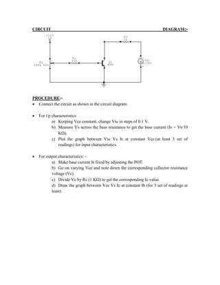 CIRCUIT DIAGRAM:-
+
-
Vs1
0-30V
+V
+12V
R2
200k 50%
Q1
NPN
R3
1k
R1
10k
PROCEDURE:-
 Connect the circuit as shown in the circuit diagram.
 For i/p characteristics
a) Keeping Vce constant, change Vbe in steps of 0.1 V.
b) Measure VB across the base resistance to get the base current (IB = Vb/10
K).
c) Plot the graph between Vbe Vs Ib at constant Vce.(at least 3 set of
readings) for input characteristics.
 For output characteristics: -
a) Make base current Ib fixed by adjusting the POT.
b) Go on varying Vce and note down the corresponding collector resistance
voltage (Vc).
c) Divide Vc by Rc (1 K) to get the corresponding Ic value.
d) Draw the graph between Vce Vs Ic at constant Ib (for 3 set of readings at
least).
 